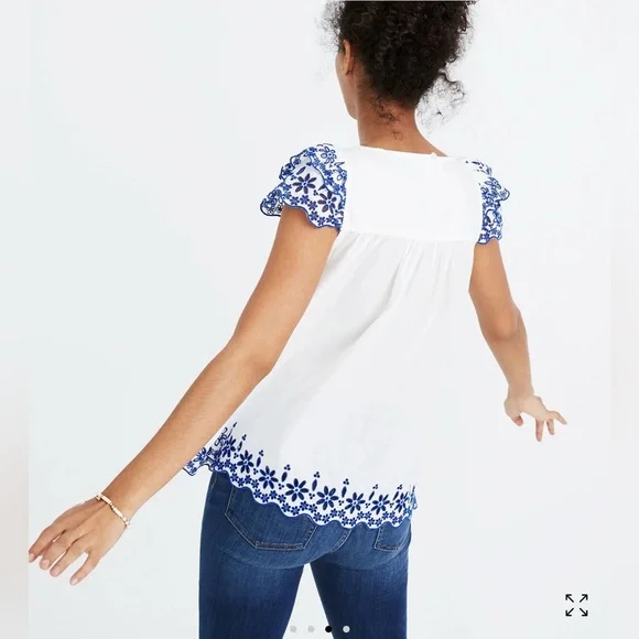 Madewell Women’s Size 4 White Shirt with Blue Embroidery on Sleeve Summer - Picture 3 of 11